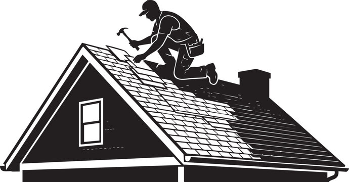 Roofer Installing Shingles On House Roof Silhouette