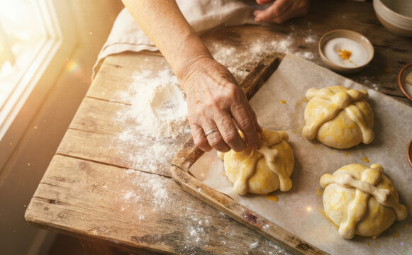 Elderly woman preparing traditional Mexican sweet bread Pan de Muerto for Day of the Dead celebration on rustic wooden table