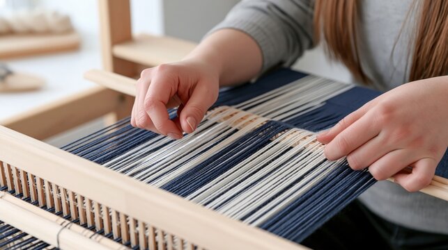 Hands skillfully weave threads on a wooden loom, creating a textile pattern.