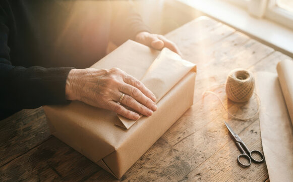Elderly woman wrapping a present in brown paper on a rustic wooden table, representing sustainable holiday gift preparation and handmade packaging