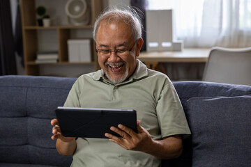 Senior man using tablet on sofa at home with joyful expression and natural window light © 220 Selfmade studio