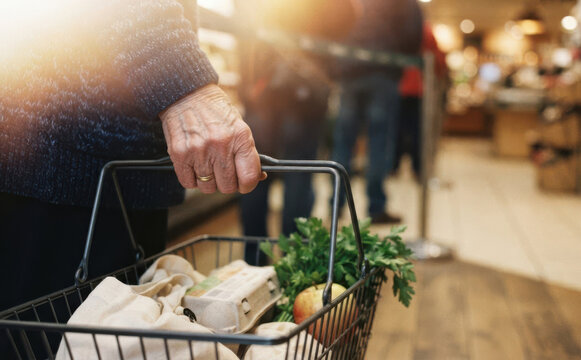 Senior woman holding a grocery basket with fresh produce standing in a supermarket queue
