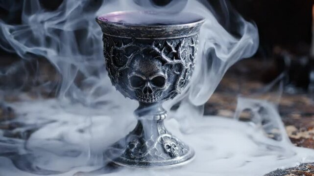 Skull engraved gothic chalice with swirling white smoke
