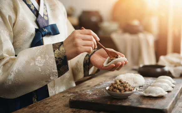 Traditional Korean woman in hanbok making songpyeon rice cake for Chuseok holiday celebration in a rustic kitchen