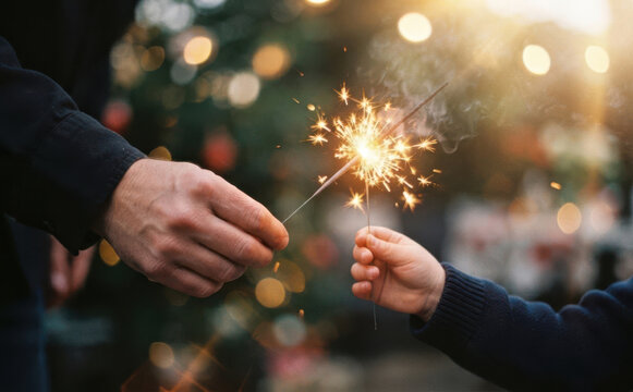 Adult and child holding burning sparklers together celebrating a festive holiday with warm bokeh lights in the background
