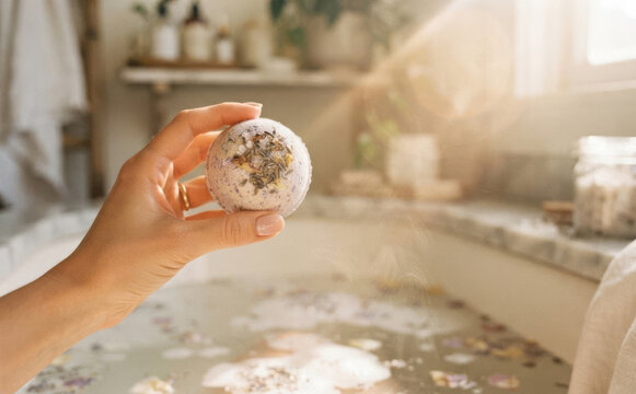 Woman holding a handmade lavender bath bomb over a relaxing tub with petals for self-care