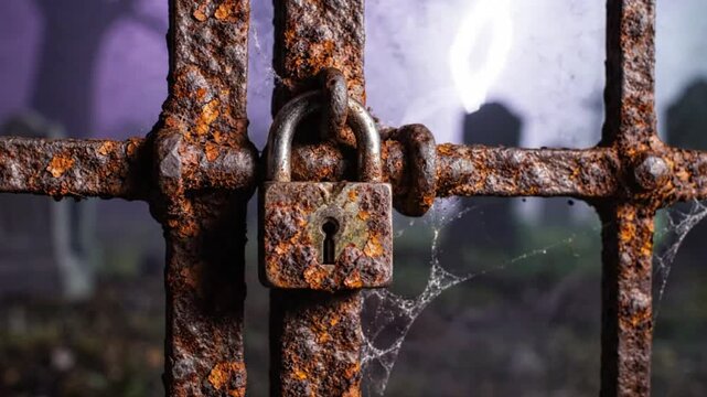 Rusty iron gate with padlock in spooky graveyard night