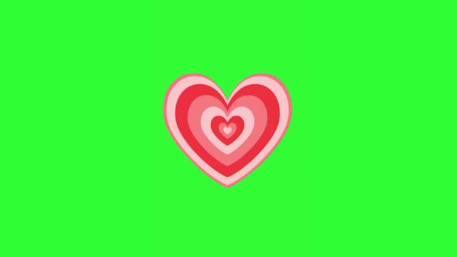 Animated layered pink and red heart with concentric heart shapes on a bright green screen, ideal for romantic video overlays, Valentine's Day content, love animations