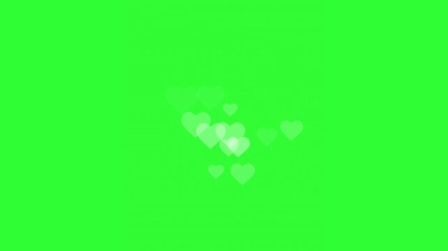 Animated soft white hearts floating through a misty haze on a bright green screen, perfect for romantic video overlays, dreamy love effects, Valentine's Day content, weddings, and chroma key 