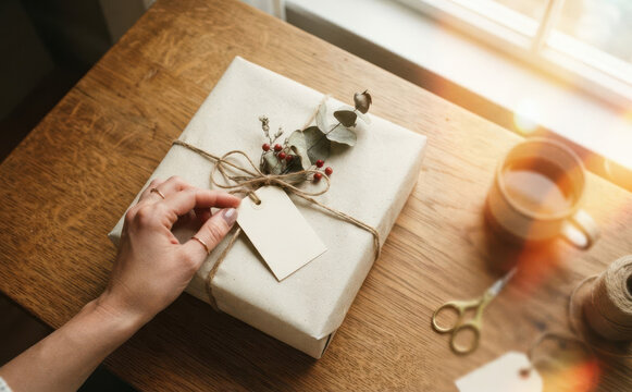 Rustic gift wrapping hands holding present box with eco friendly paper twine and dried flowers on wooden table for holiday celebration and craft concept