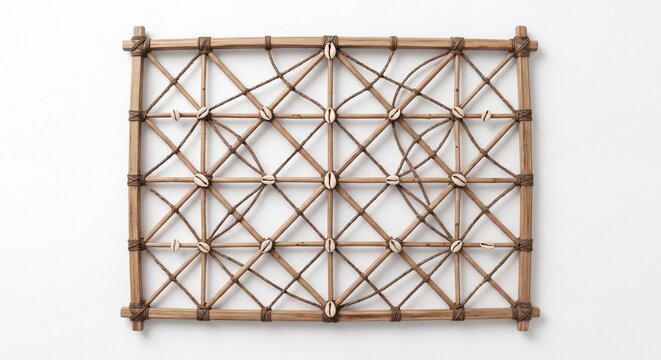 A traditional navigation chart made of bamboo sticks and shells on a clean white background.