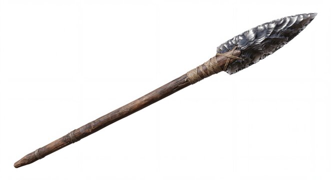 An ancient obsidian spearhead attached to a wooden shaft, isolated on a clean white background.