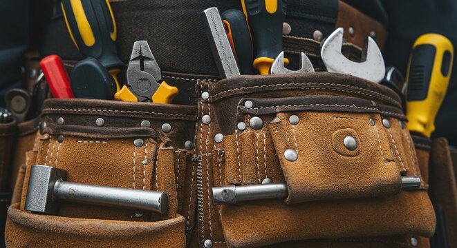 A close-up of a well-worn leather tool belt filled with various hand tools. Concept of manual labor and skilled trades