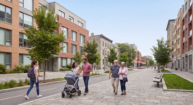 Diverse people walking together on a paved pedestrian street in a modern residential neighborhood on a sunny day