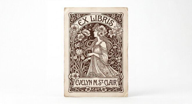 A Vintage Ex Libris Bookplate Illustration Featuring A Woman Surrounded By Intricate Floral.