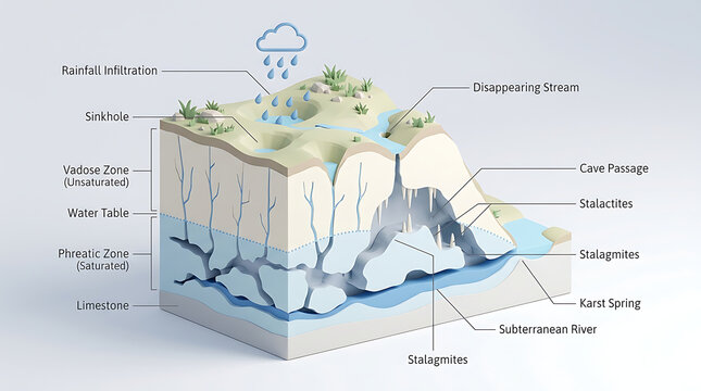 3D cross section diagram of a karst landscape showing groundwater hydrology