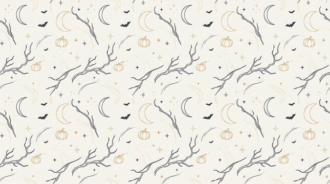 Minimalist Halloween Seamless Pattern with Delicate Branches, Crescent Moons, Bats, Autumn Twigs, Leaves and Elegant Spooky Botanical Line Art