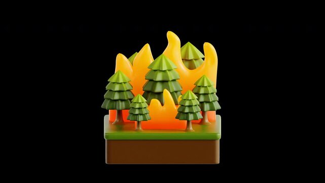 3D isometric pine forest burning with animated flames in a looping 3D animated icon style on an isolated background for environmental protection and natural disaster concepts.
