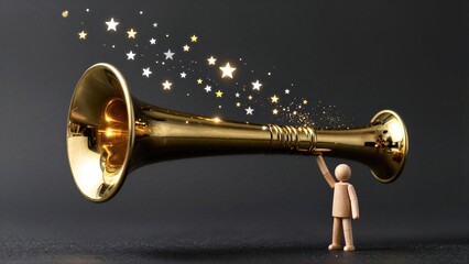 Obraz premium Tiny figure blows golden horn, scattering sparkling stars into the dark sky.
