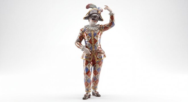 A detailed porcelain figurine of a harlequin jester wearing a colorful diamond patterned costume.