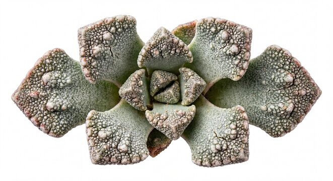 A detailed top-down view of a textured Titanopsis succulent plant isolated on a pure white.