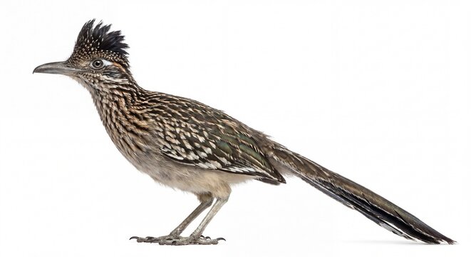 A full body profile of a greater roadrunner standing on a plain white studio background surface.