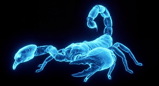 A glowing neon blue digital scorpion rendered in 3D against a deep solid black background setting.