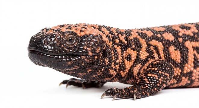 A close up portrait of a Gila monster showing its orange and black beaded skin on white background.