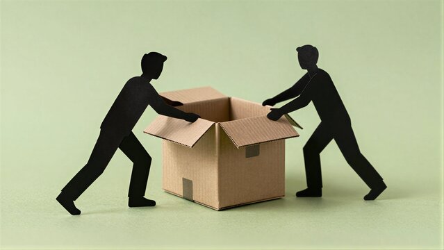Two paper cutout figures push open a cardboard box together.