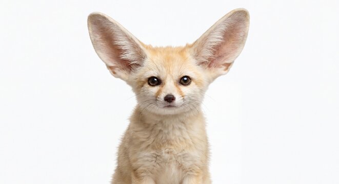 A close-up portrait of a cute fennec fox with oversized ears looking forward on white background.