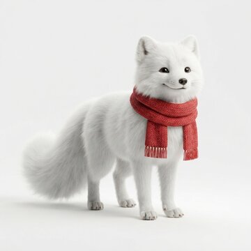 Arctic fox wearing red scarf standing on white background in winter setting with clean studio lighting