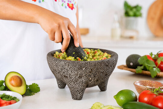 Making fresh guacamole in volcanic stone molcajete mortar