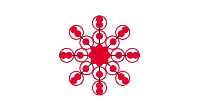Red snowflake shaped icon made of many small circular dots arranged symmetrically on a plain white background surface design element shown clearly