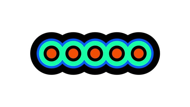 Row of connected black oval shapes each containing a bright green ring and a small red center dot arranged together in a linked chain style shown