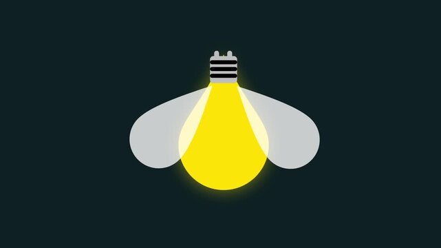 Illustration of a single yellow lightbulb shaped object with soft wings attached to it glowing brightly against a plain dark background area shown