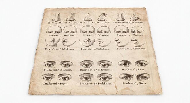 An antique parchment chart displaying various human facial features and eye shapes for phrenology.