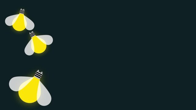 Illustration of three small yellow firefly like winged creatures scattered around and glowing softly across a plain dark background surface shown