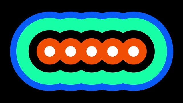 Glowing chain of oval shapes rendered in neon blue green and orange tones with bright white centers set against a plain dark background area shown