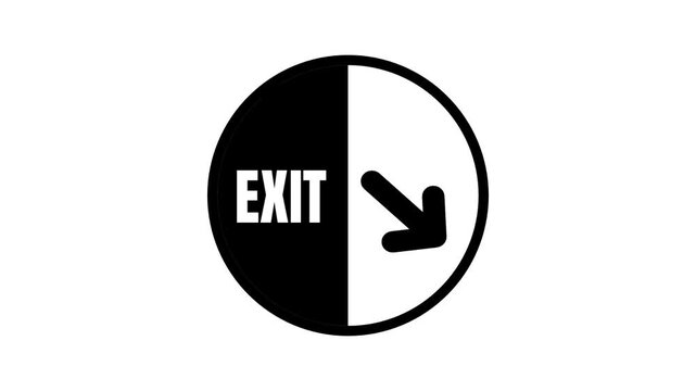 Black and white circular exit sign icon featuring a bold text label paired neatly with a diagonal arrow pointing toward the right side of the frame