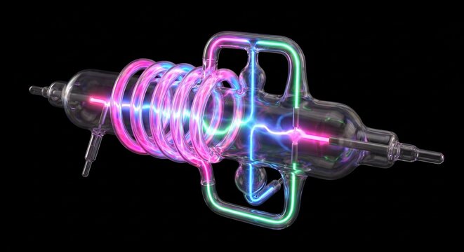Glowing Neon Gas Discharge Tube with Intricate Spiral Filaments and Vibrant Pink and Blue Lighting.