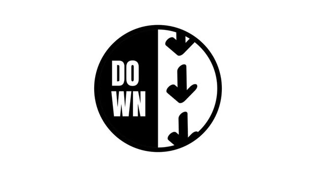 Black and white circular down sign icon showing a bold text label alongside a neatly stacked pair of downward pointing arrows placed just below it