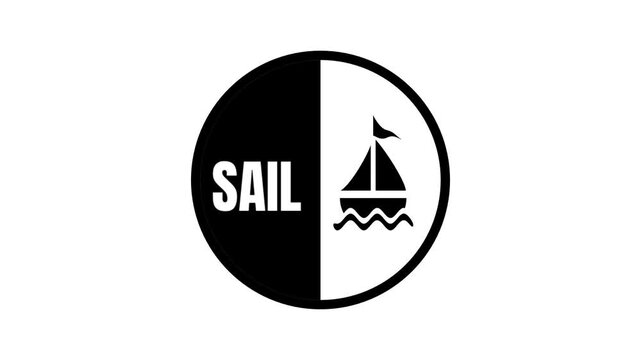 Black and white circular sail sign icon with a bold text label placed next to a small sailboat symbol floating gently on the ocean waves below it