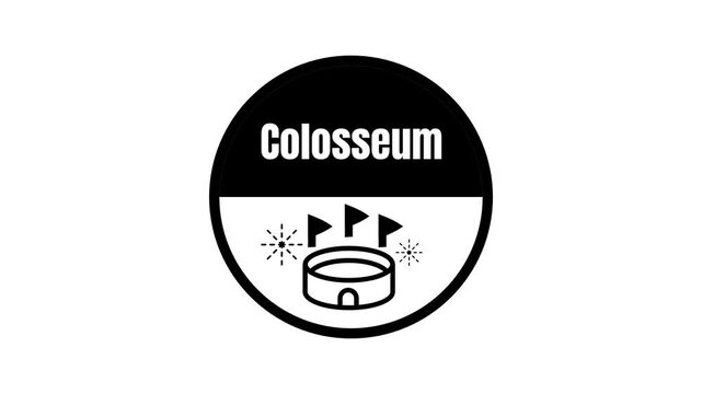 Black and white circular Colosseum icon with a bold text label positioned above a small illustration of an ancient Roman amphitheater landmark shown