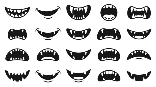Set of monster and vampire mouth silhouette icons.