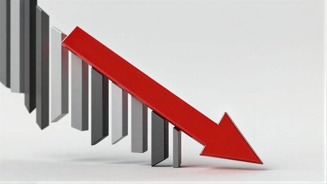 Red arrow points downward through diminishing gray bars, symbolizing decline.