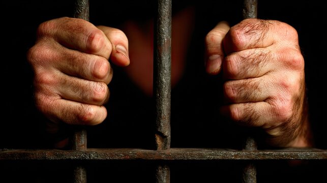Hands clenched on bars represents imprisonment restriction confinement