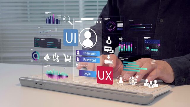 Person interacts with floating digital UI/UX icons on futuristic keyboard. Hands hover over glowing interface elements. Design suggests modern software development or digital design workflow