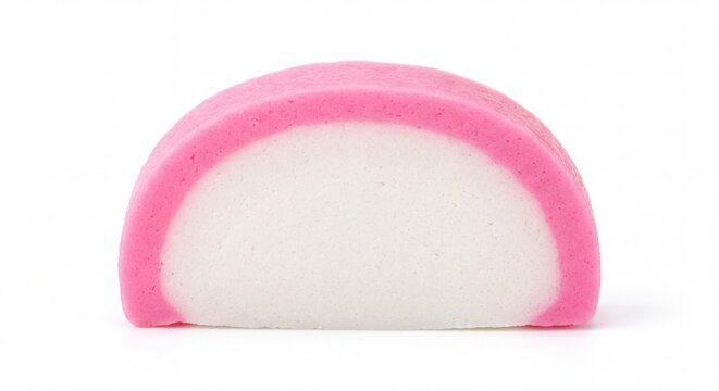 A semi-circular slice of pink and white kamaboko fish cake isolated on a plain white background.