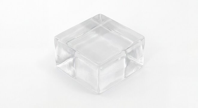 A single transparent glass cube block isolated on a clean white background for product photography.