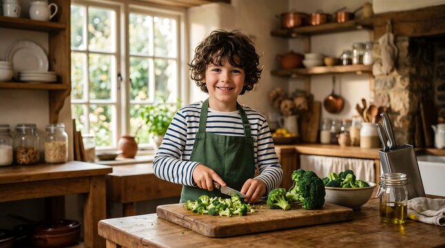 Happy Young Boy Wearing an Apron Carefully Chopping Fresh Broccoli in a Rustic Country Kitchen